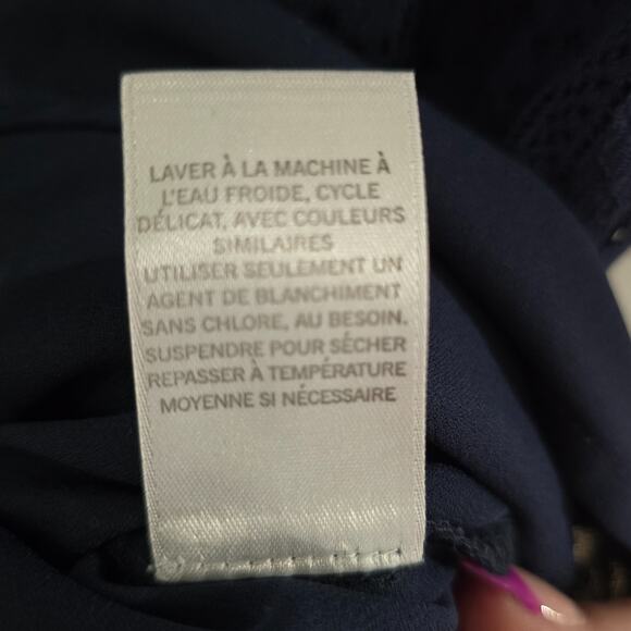 Chelsea28 Dress Lacy Sheath Midi Ruffle Hem Navy Blue Gauze Eyelet Size Large - Picture 9 of 10